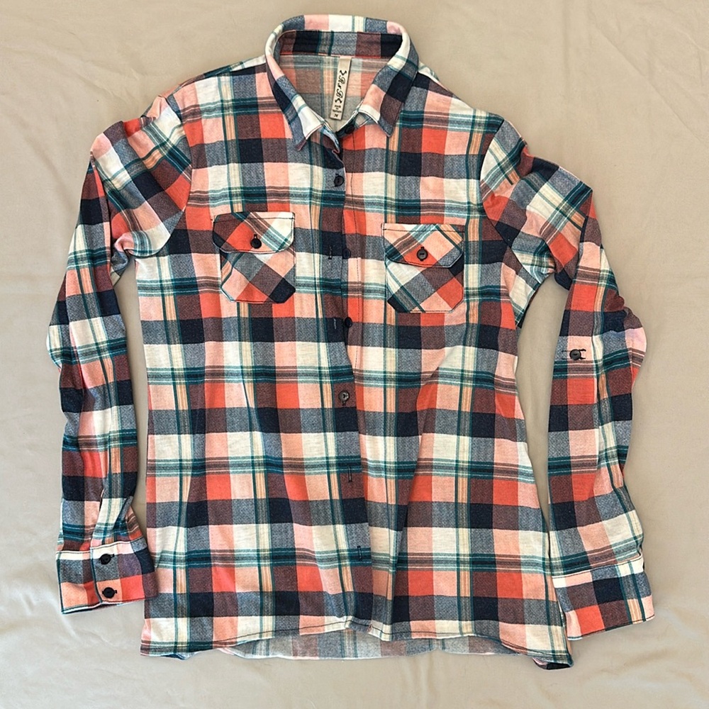 Womens Coral & Navy Plaid Button-Down Shirt